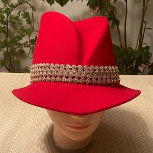 Elegant Red Wool Fedora with Gold Iridescent Rhinestone Floral Band